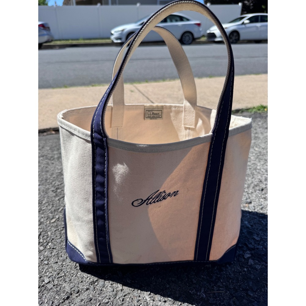 LL Bean Boat and Tote Bag Navy Blue Canvas Small Open Top Allison Embroidered